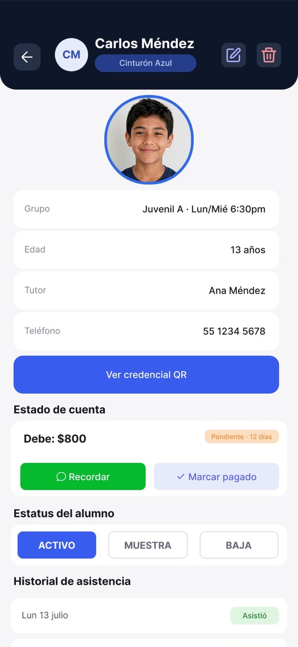 Perfil de alumno en la app: grupo y horario, edad, tutor, teléfono, estado de cuenta con adeudo, estatus y historial de asistencia
