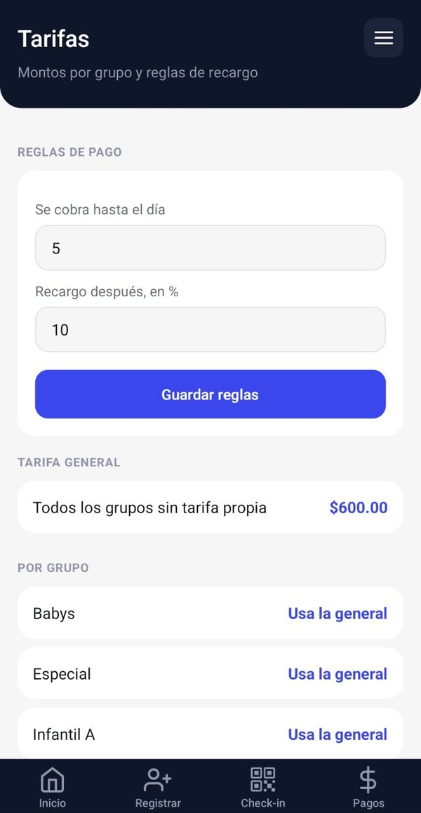 Pantalla Tarifas en la app: reglas de pago con día límite de cobro y porcentaje de recargo, tarifa general y tarifa por grupo